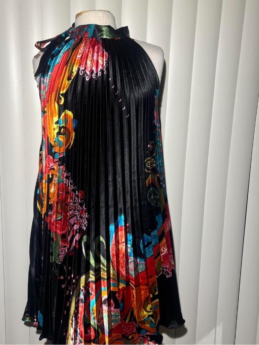 Halter Neck Pleated Black Dress with Multicolor Floral Print